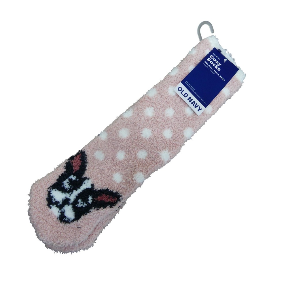 Old Navy Cozy Socks Womens One Size Pink NWT French Bulldog Polka Dot Fuzzy Sock